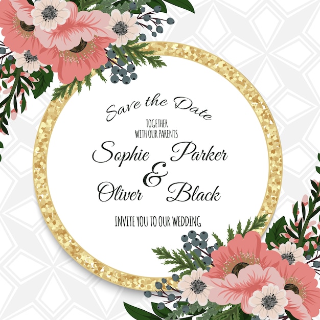 Elegant Floral Wedding Invitation with Golden Frame and Typography ...