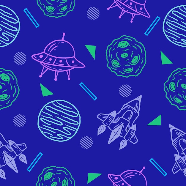 Vibrant Space Exploration Pattern with Rockets and Planets | Jiffy Designs