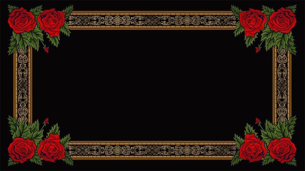 Ornate Floral Frame with Vibrant Red Roses on Black | Jiffy Designs