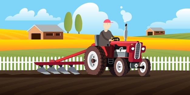 Farmer Plowing the Fields with a Vintage Red Tractor | Jiffy Designs