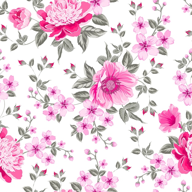 Vibrant Floral Pattern with Pink Blooms and Lush Foliage | Jiffy Designs