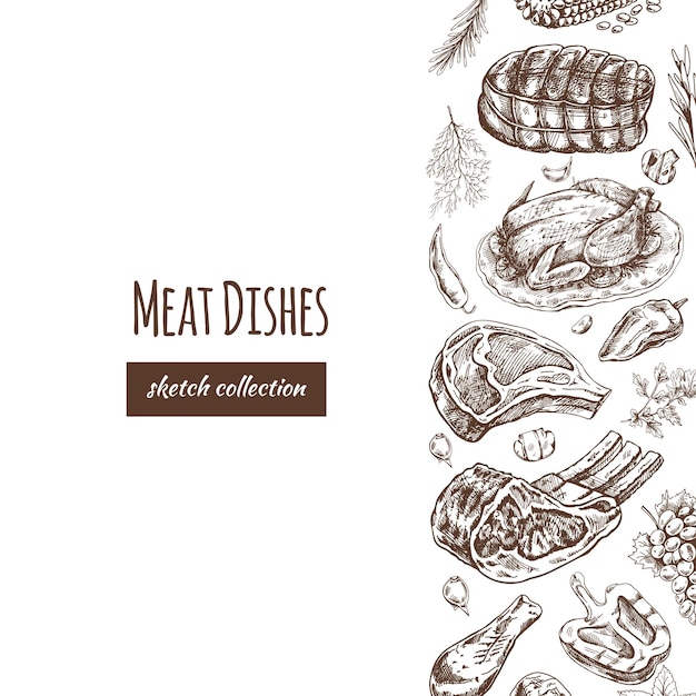 Meat and vegetables menu template in engraved style sketches of ...