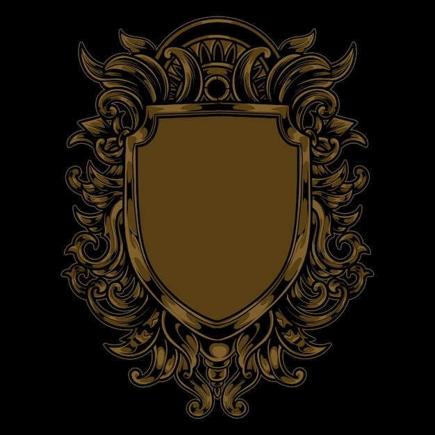 Ornate Golden Shield with Regal Flourishes on Black | Jiffy Designs