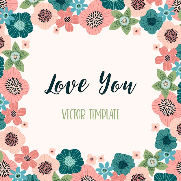 Vibrant Floral Frame with 'Love You' Text Illustration | Jiffy Designs