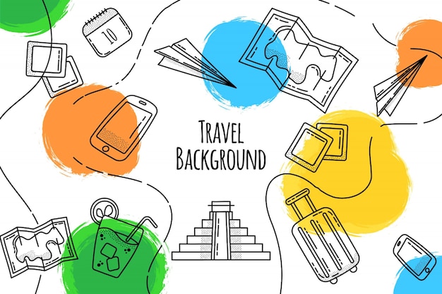Vibrant Travel Background with Hand-Drawn Elements and Illustrations ...