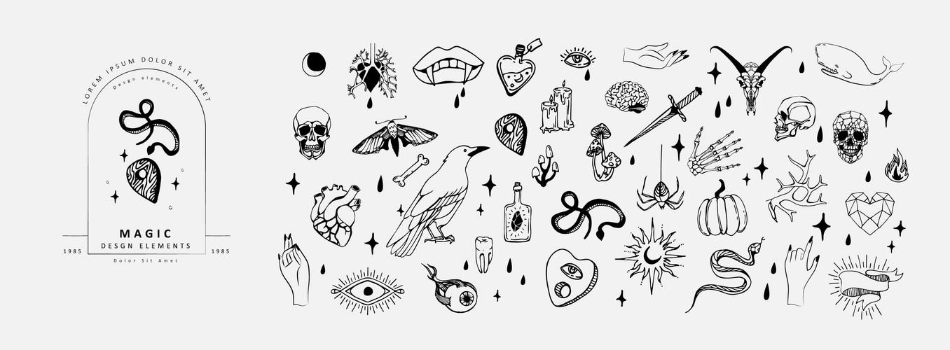 Set Of Boho Hand Drawn Mystical Magic Set. Esoteric Doodle Elements And ...