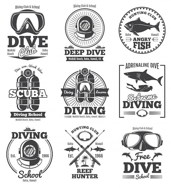 Diverse Collection of Vintage Diving and Underwater Adventure Emblems ...