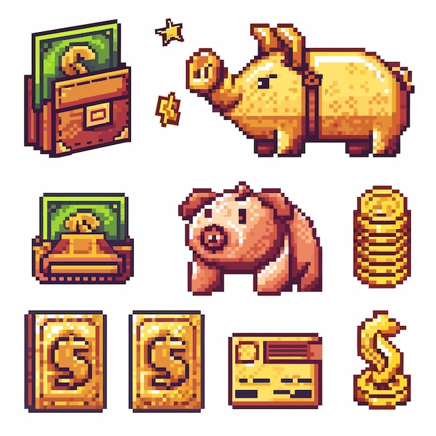 Vibrant Pixel Art Collection of Whimsical Farm Animals and Financial ...