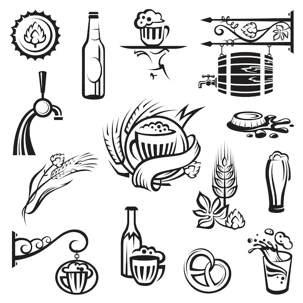 Diverse Collection of Rustic Beer and Food Icons in Monochrome | Jiffy ...