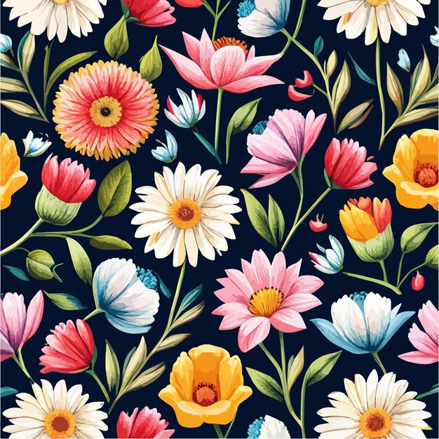 Vibrant Floral Pattern with Colorful Daisies on Dark Background | Jiffy ...