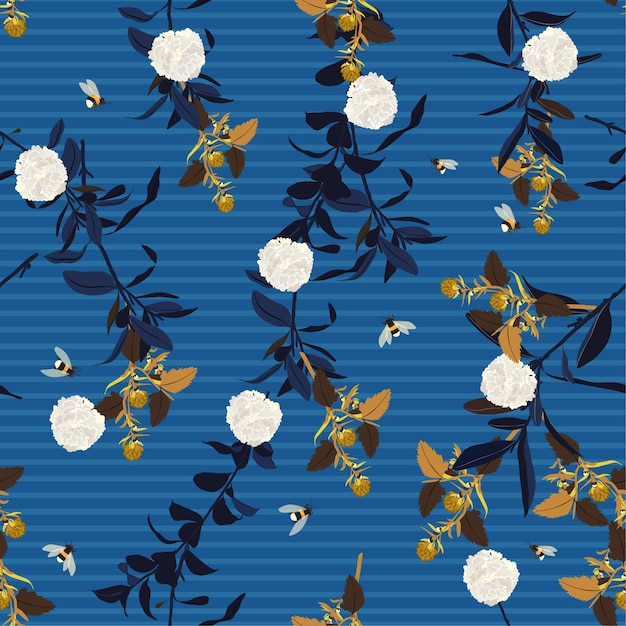 Elegant Blue Floral Pattern with White Blooms and Leaves | Jiffy Designs