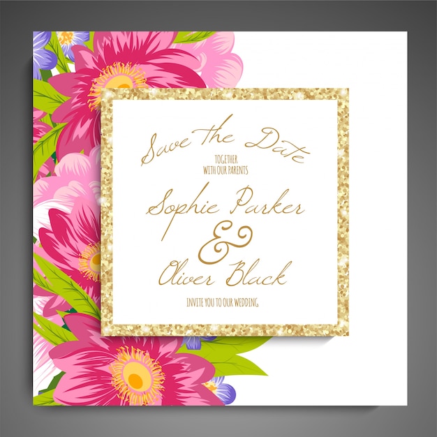 Vibrant Floral Wedding Invitation with Golden Glitter Frame | Jiffy Designs