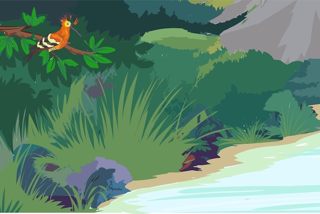 Vibrant Tropical Landscape with Playful Bird | Jiffy Designs