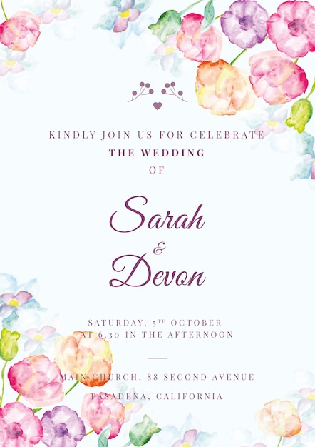 Delicate Watercolor Floral Wedding Invitation with Calligraphic Text ...