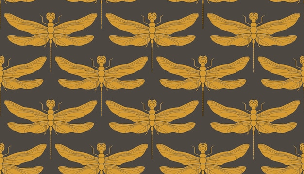 Golden Dragonflies Pattern on Charcoal Background Seamless Repeat ...
