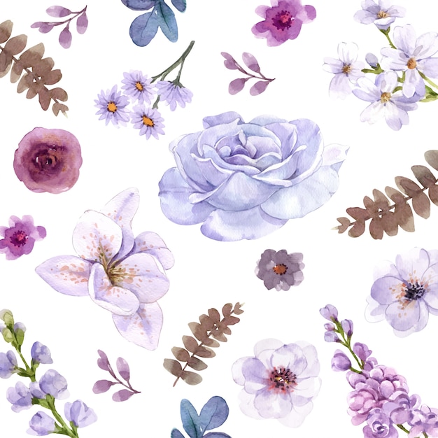 Watercolor Floral Pattern with Purple Roses and Wildflowers | Jiffy Designs