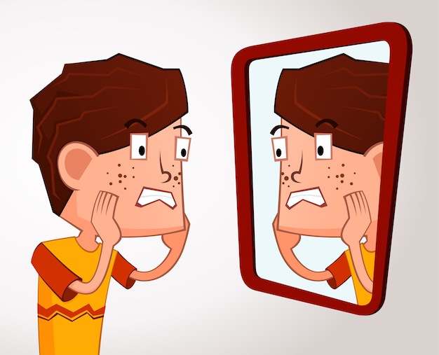 Cartoon Boy Examining His Reflection in a Distorted Mirror | Jiffy Designs