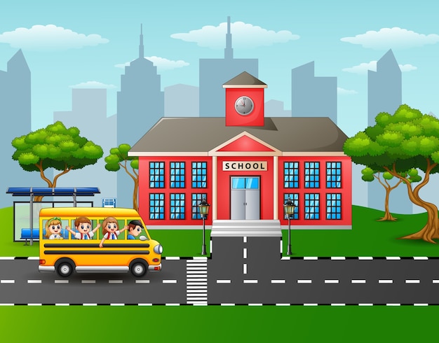 Vibrant School Building and Bus in City Landscape Illustration | Jiffy ...