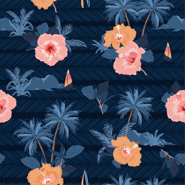 Tropical Night Pattern with Palm Trees and Hibiscus Flowers | Jiffy Designs