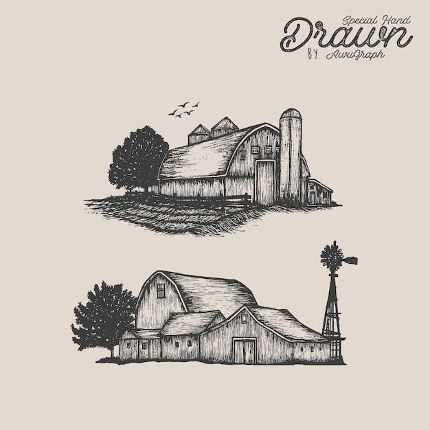Rustic Barn Illustrations in Detailed Sketch-like Style | Jiffy Designs