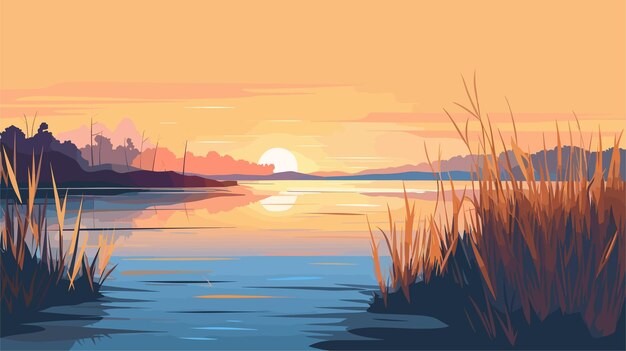 Tranquil Sunset Landscape with Reflective Lake and Reeds | Jiffy Designs