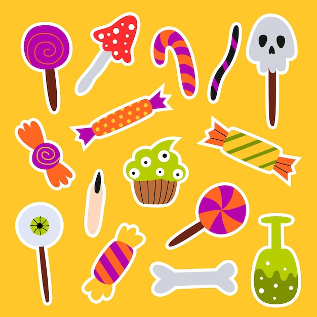 Vibrant Candy-Themed Sticker Collection on Sunny Yellow Background ...