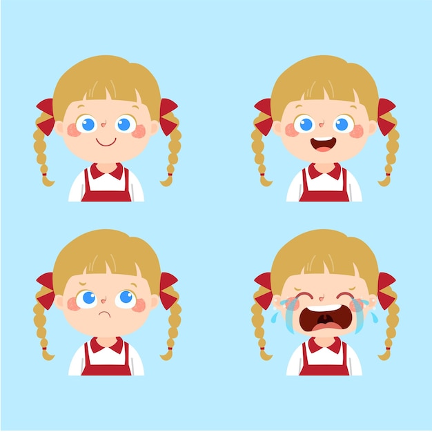 Cheerful Cartoon Girl with Pigtails in Various Expressions | Jiffy Designs