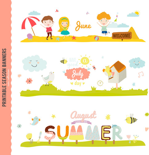 Set Of Three Monthly Seasonally Vector Banners In A Cute And Character ...
