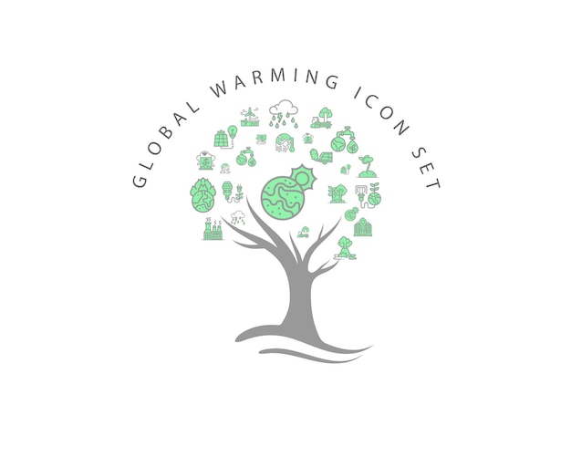 Eco-Friendly Global Warming Icon Collection with Tree Illustration ...