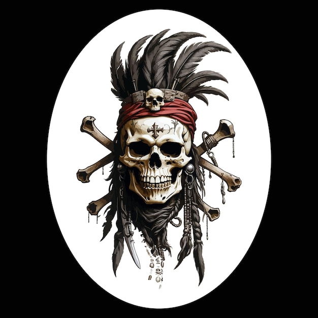 Fearsome Pirate Skull with Feathered Headdress and Crossed Bones ...