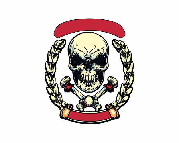 Menacing Skull Emblem with Laurel Wreath and Ribbon | Jiffy Designs