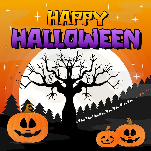 Spooky Pumpkins and Haunting Tree Under Starry Halloween Sky | Jiffy ...