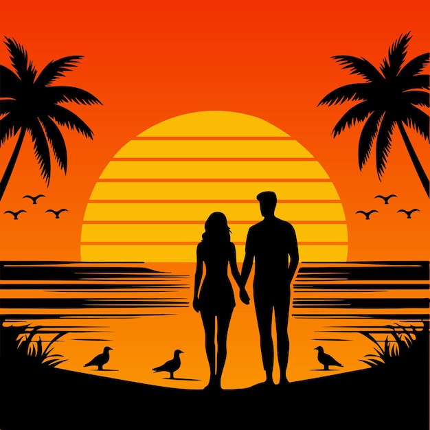 Couple Silhouetted Against Vibrant Sunset Beach Landscape | Jiffy Designs