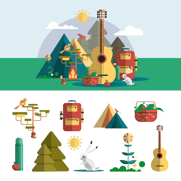 Vibrant Outdoor Adventure Collection with Camping Gear and Musical ...