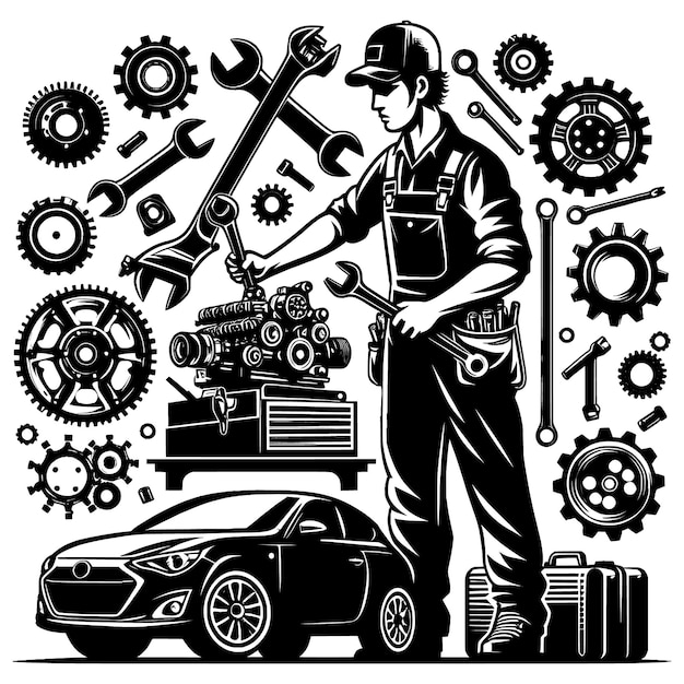 Skilled Mechanic Surrounded by Automotive Tools and Parts | Jiffy Designs