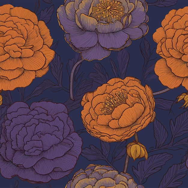 Vibrant Floral Pattern with Ornate Peonies on Dark Background | Jiffy ...