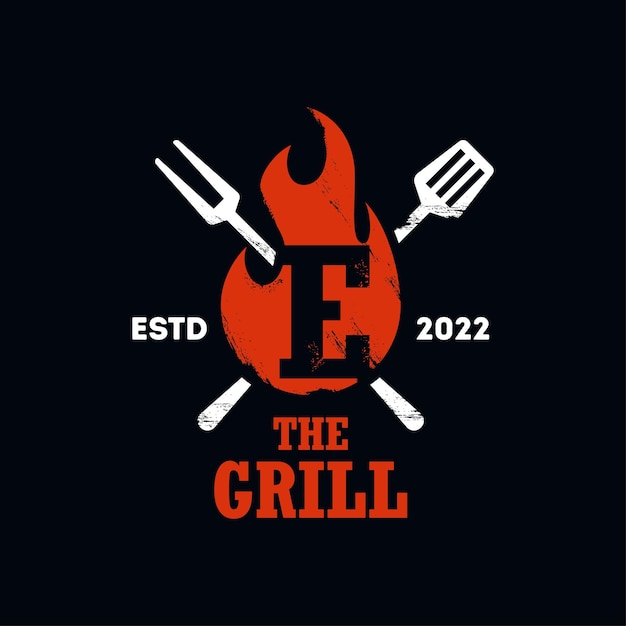 Retro Grill Logo with Utensils and Flames Jiffy Designs