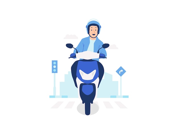 Smiling Delivery Rider on Blue Scooter in City Traffic | Jiffy Designs