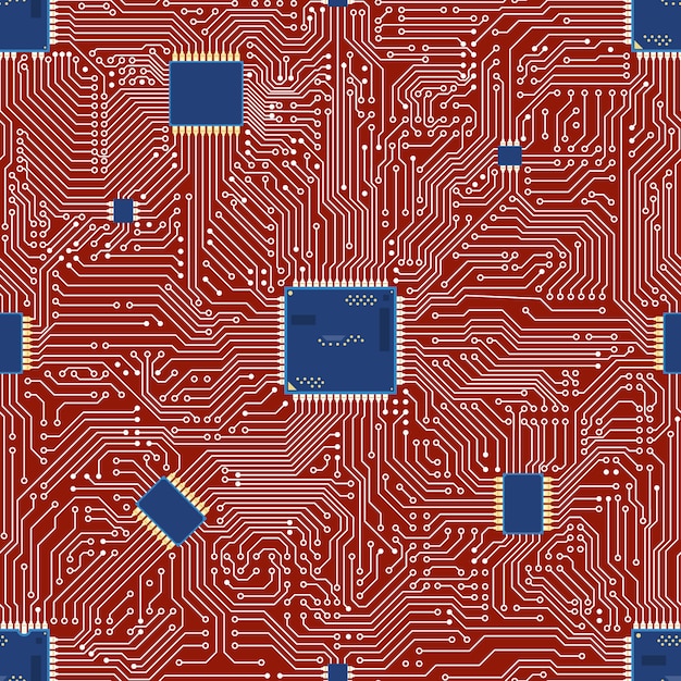 Intricate Circuit Board Pattern in Vibrant Red and Blue | Jiffy Designs