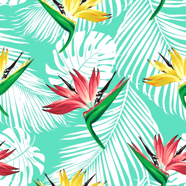 Vibrant Tropical Floral Pattern with Palm Leaves and Birds of Paradise ...