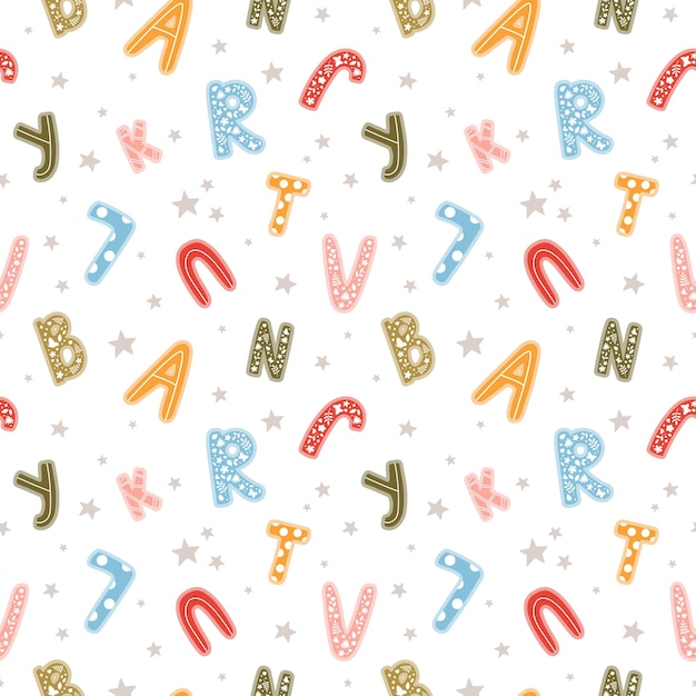 Vibrant Alphabet Pattern with Playful Shapes and Stars | Jiffy Designs