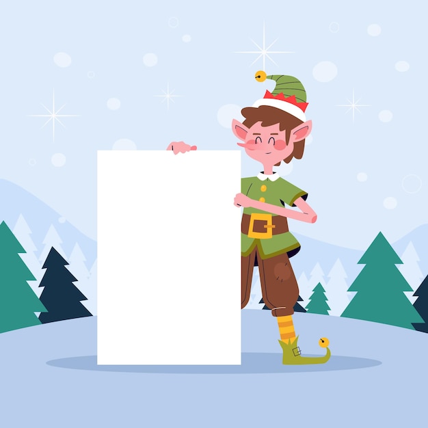 Cheerful Elf Holding Blank Sign in Snowy Forest | Jiffy Designs