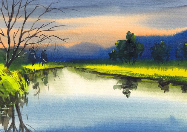 Serene Lakeside Landscape at Sunset with Silhouetted Trees | Jiffy Designs