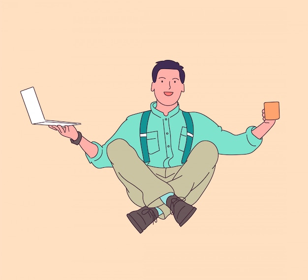 Multitasking Man Juggles Laptop and Coffee with Ease | Jiffy Designs