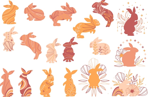 Vibrant Rabbit Silhouettes and Floral Illustrations Collection | Jiffy ...