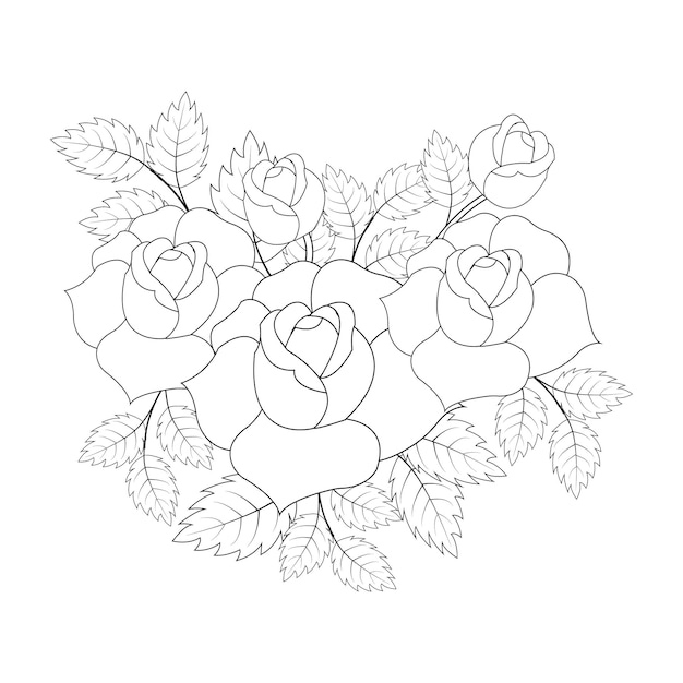 Intricate Outline Drawing of Roses and Leaves Bouquet | Jiffy Designs