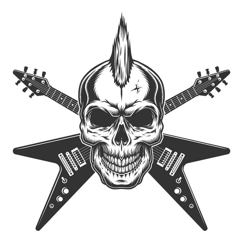 Vintage Punk Rock Star Skull With Mohawk And Crossed