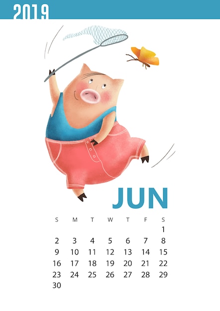 Playful Pig Calendar Page for June 2019 | Jiffy Designs
