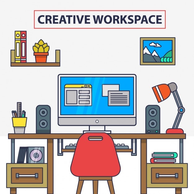 Vibrant Creative Workspace Illustration with Computer and Accessories ...