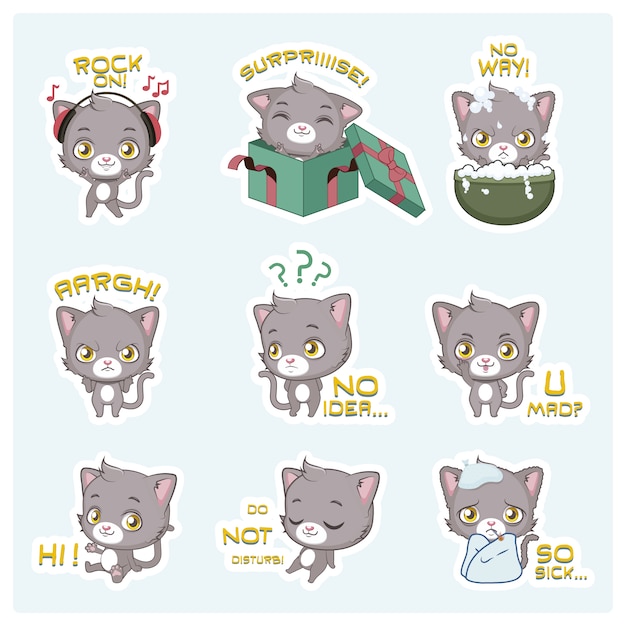 Adorable Kitty Cartoon Stickers with Expressive Emotions and Playful ...